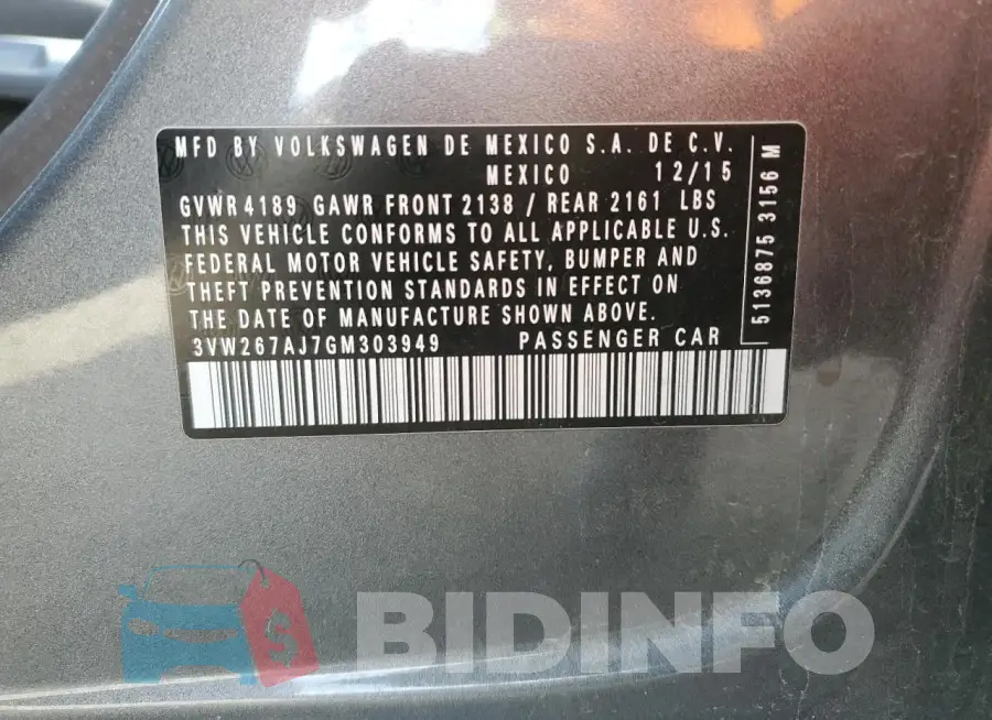 3VW267AJ7GM303949 Photo# 12