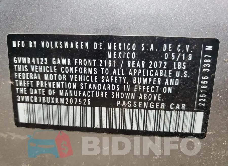 3VWCB7BUXKM207525 Photo# 13