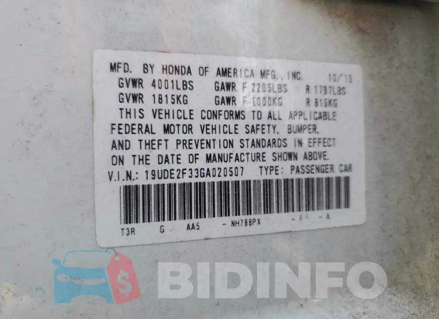 19UDE2F33GA020507 Photo# 12