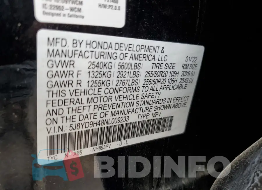5J8YD9H48NL009233 Photo# 13