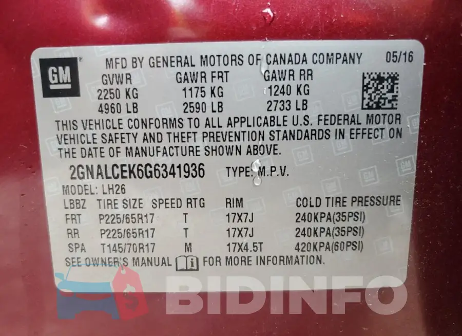 2GNALCEK6G6341936 Photo# 13