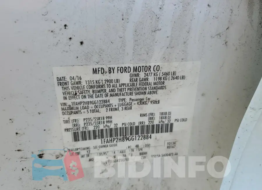 1FAHP2H89GG122884 Photo# 12