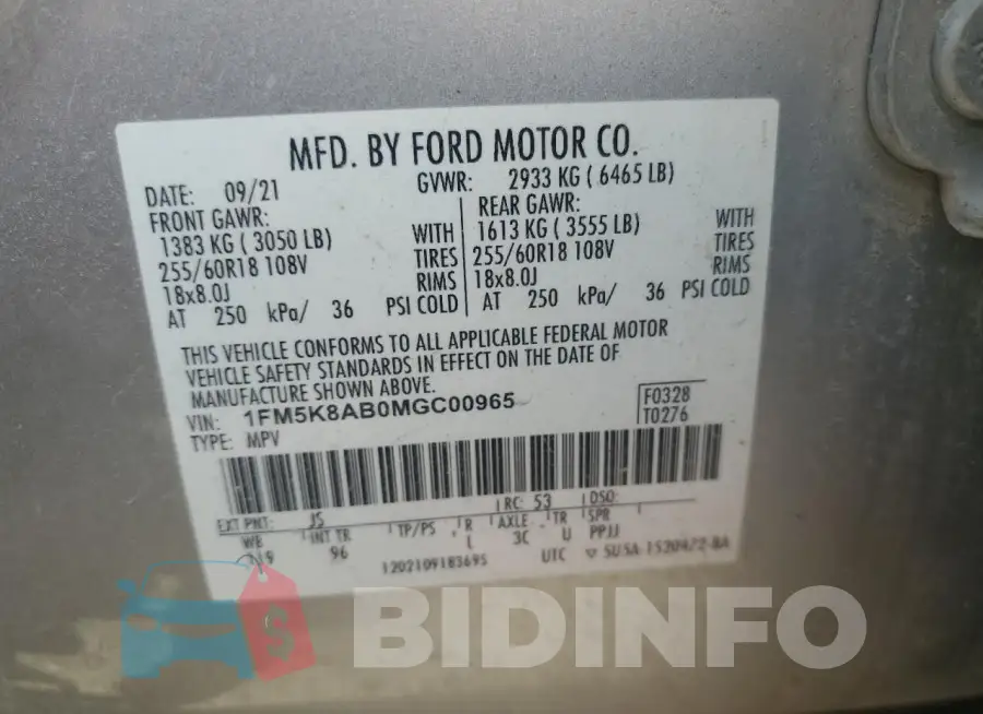 1FM5K8AB0MGC00965 Photo# 13