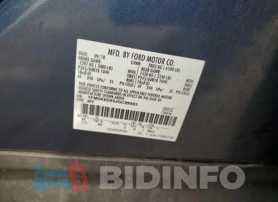 1FM5K8D85JGC89993 Photo# 13