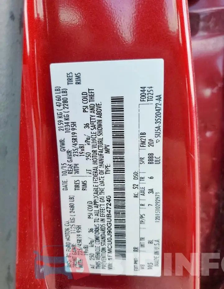 1FMCU0J90GUB47240 Photo# 14