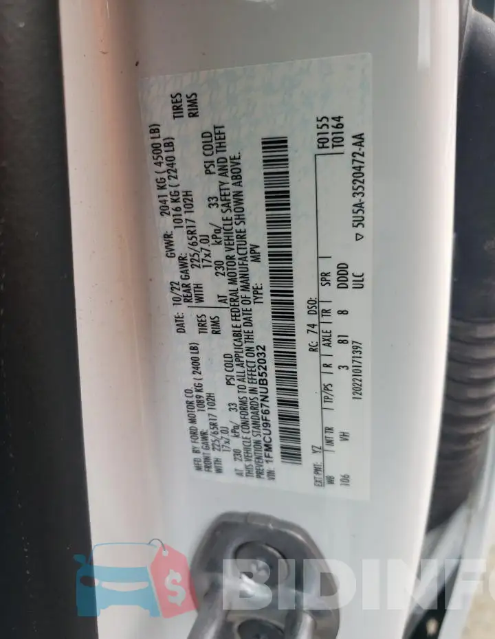 1FMCU9F67NUB52032 Photo# 13