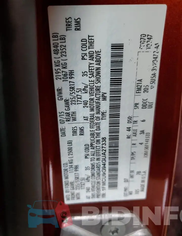1FMCU9G94GUA27338 Photo# 14