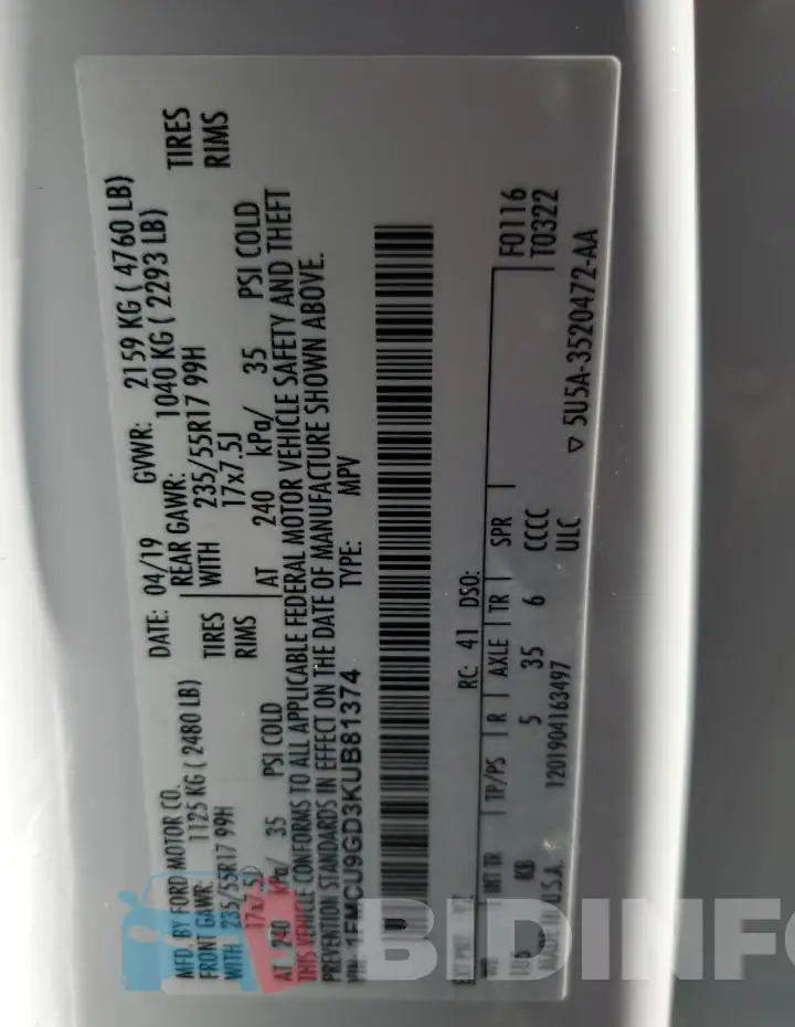 1FMCU9GD3KUB81374 Photo# 12