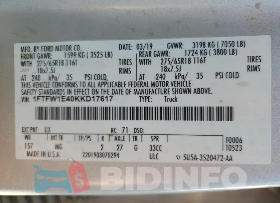 1FTFW1E40KKD17617 Photo# 12