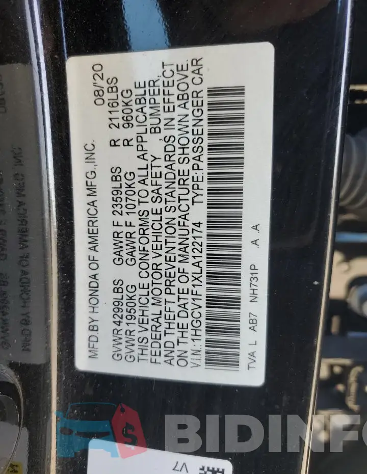 1HGCV1F1XLA122174 Photo# 12