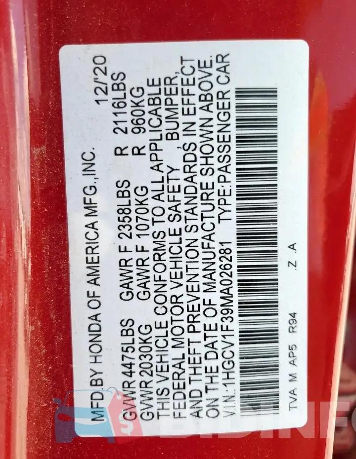 1HGCV1F39MA026281 Photo# 12