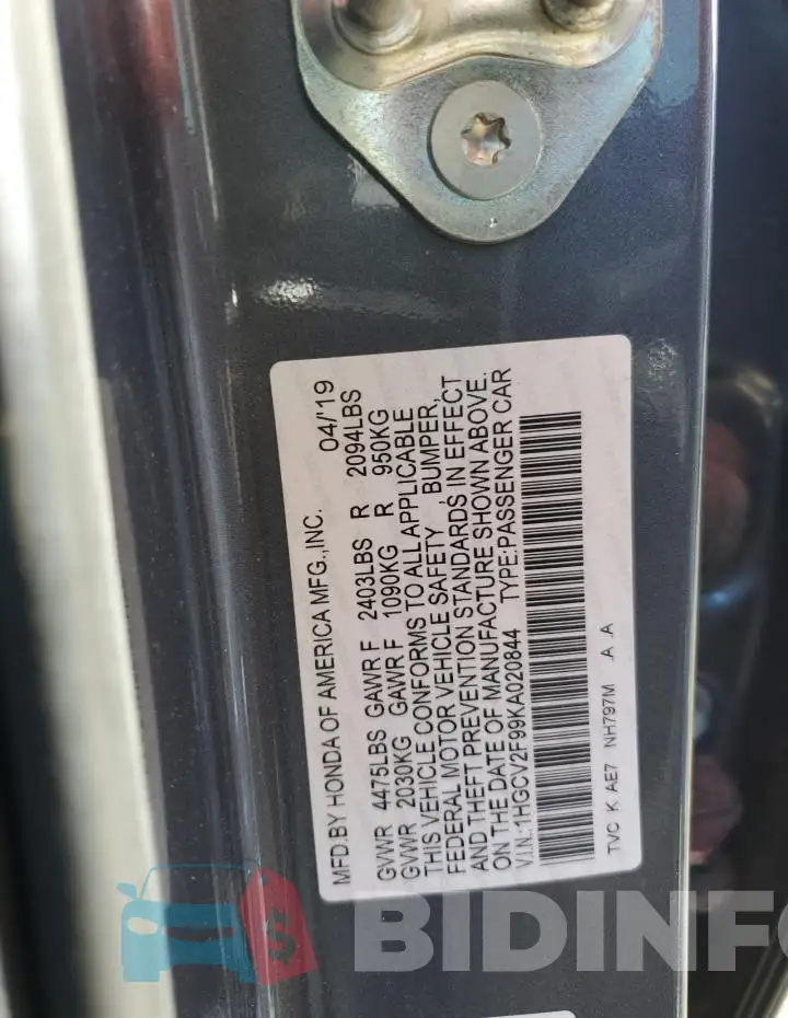 1HGCV2F99KA020844 Photo# 12