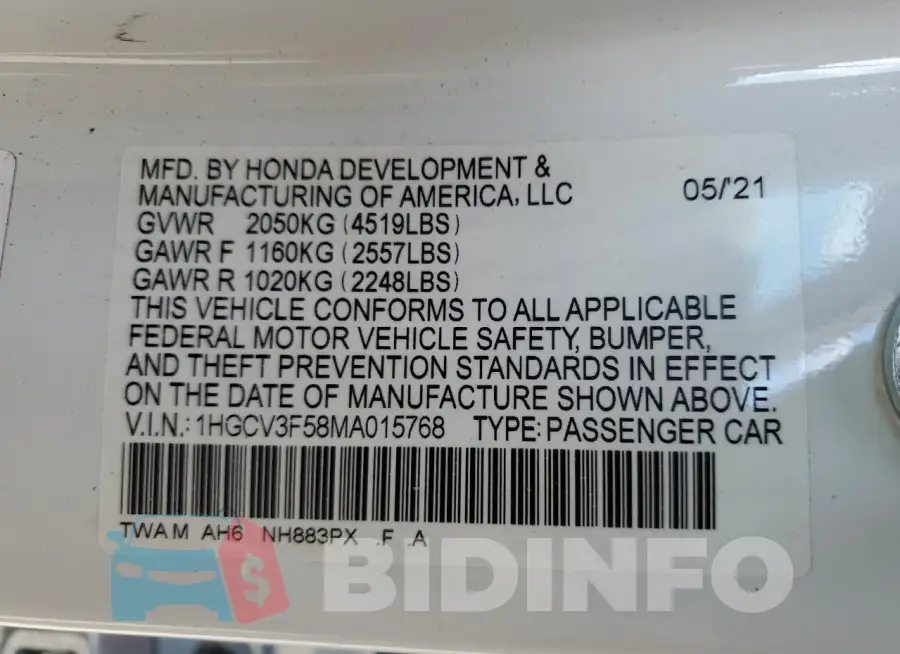 1HGCV3F58MA015768 Photo# 12