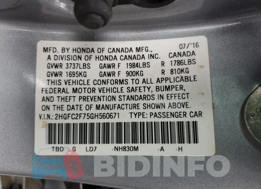 2HGFC2F75GH560671 Photo# 13