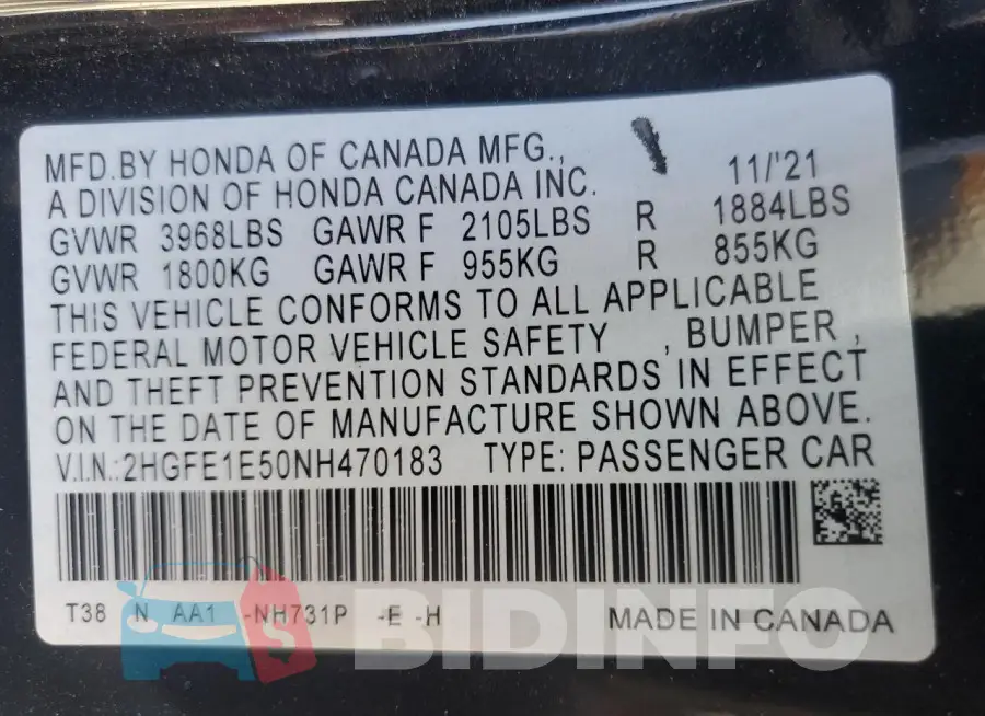 2HGFE1E50NH470183 Photo# 12