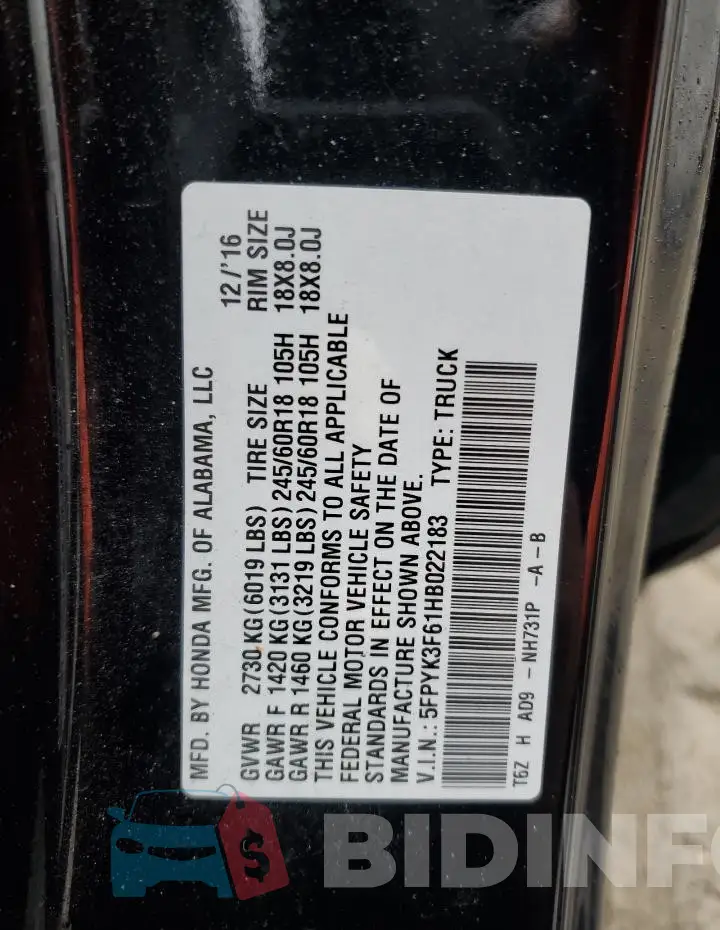 5FPYK3F61HB022183 Photo# 12