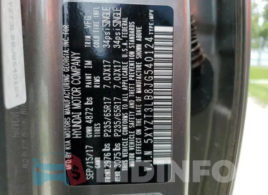 5XYZT3LB8JG540124 Photo# 13