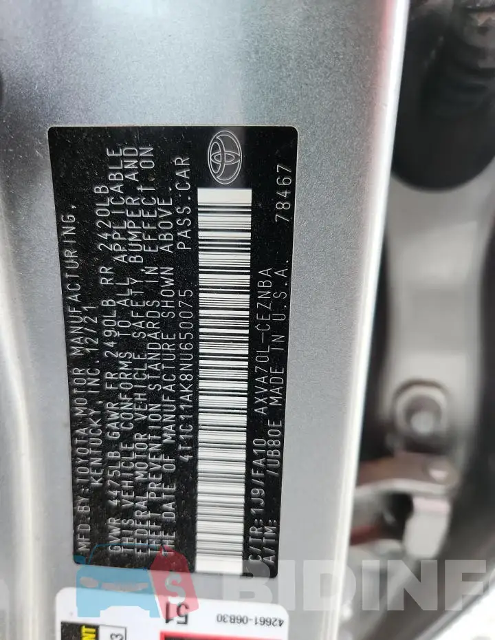4T1C11AK8NU650075 Photo# 12