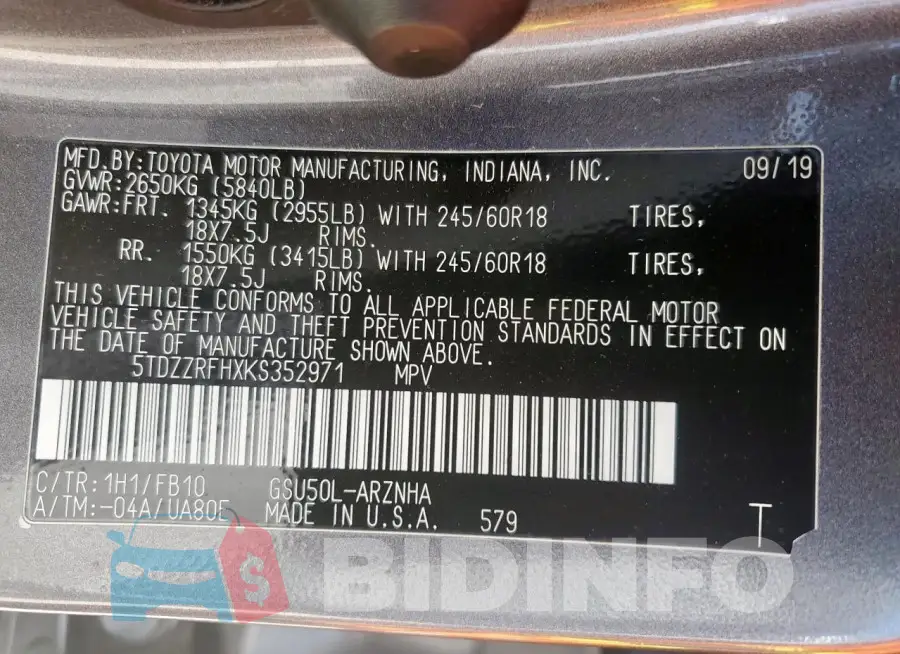 5TDZZRFHXKS352971 Photo# 14