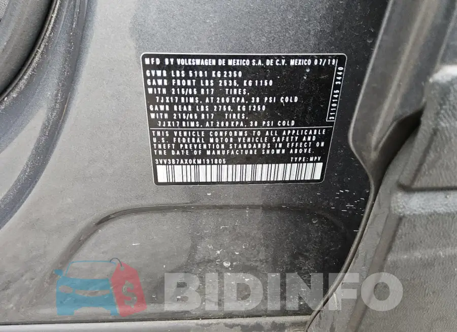 3VV3B7AX0KM191805 Photo# 13