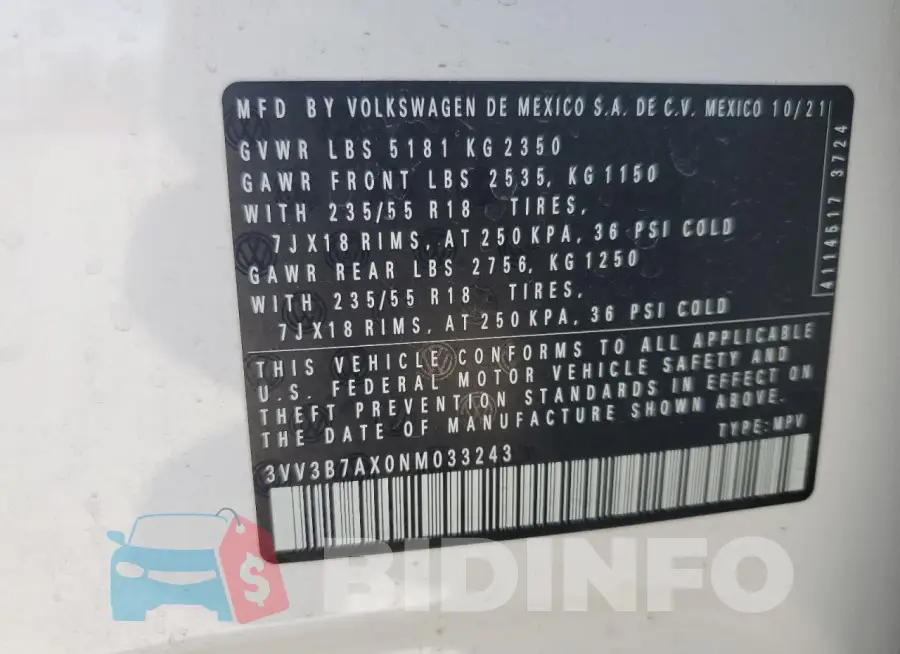 3VV3B7AX0NM033243 Photo# 13