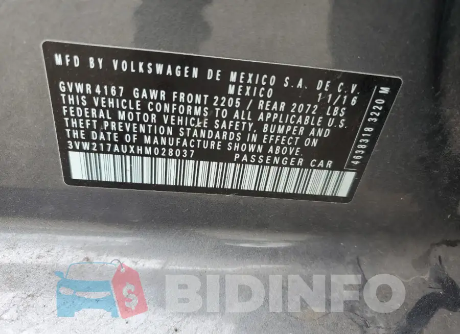 3VW217AUXHM028037 Photo# 14