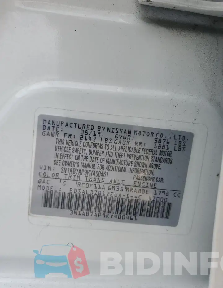 3N1AB7AP9KY400461 Photo# 13
