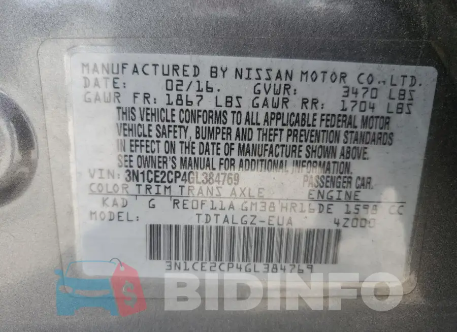 3N1CE2CP4GL384769 Photo# 12