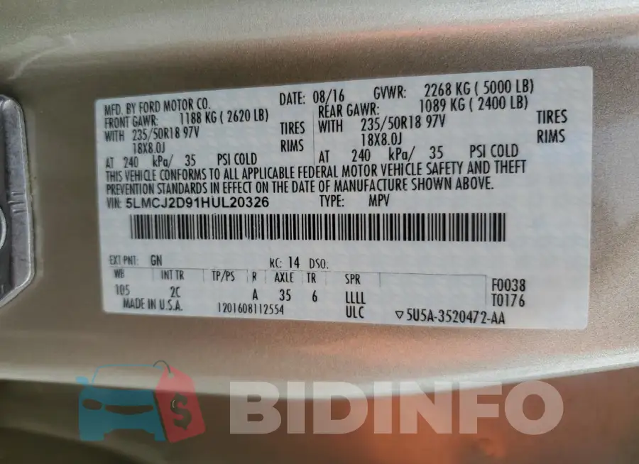 5LMCJ2D91HUL20326 Photo# 13