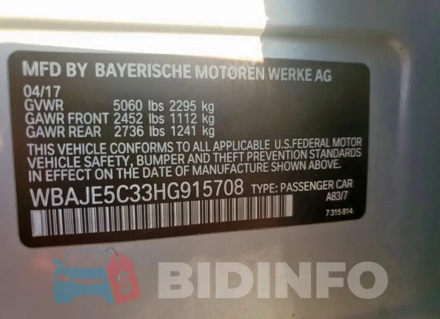 WBAJE5C33HG915708 Photo# 12