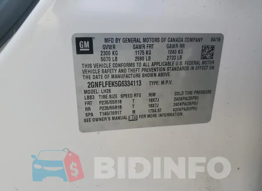 2GNFLFEK5G6334113 Photo# 13