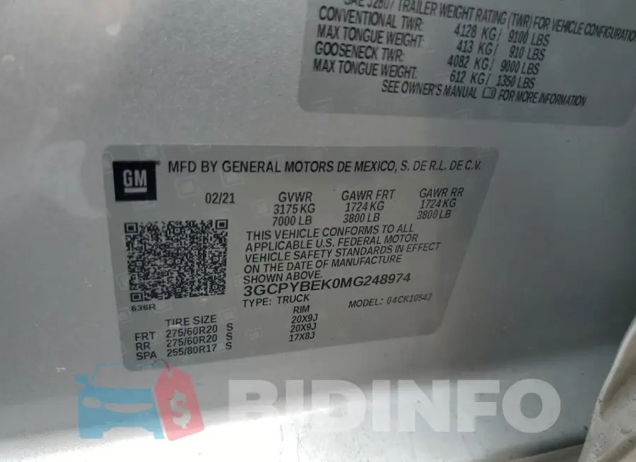 3GCPYBEK0MG248974 Photo# 12