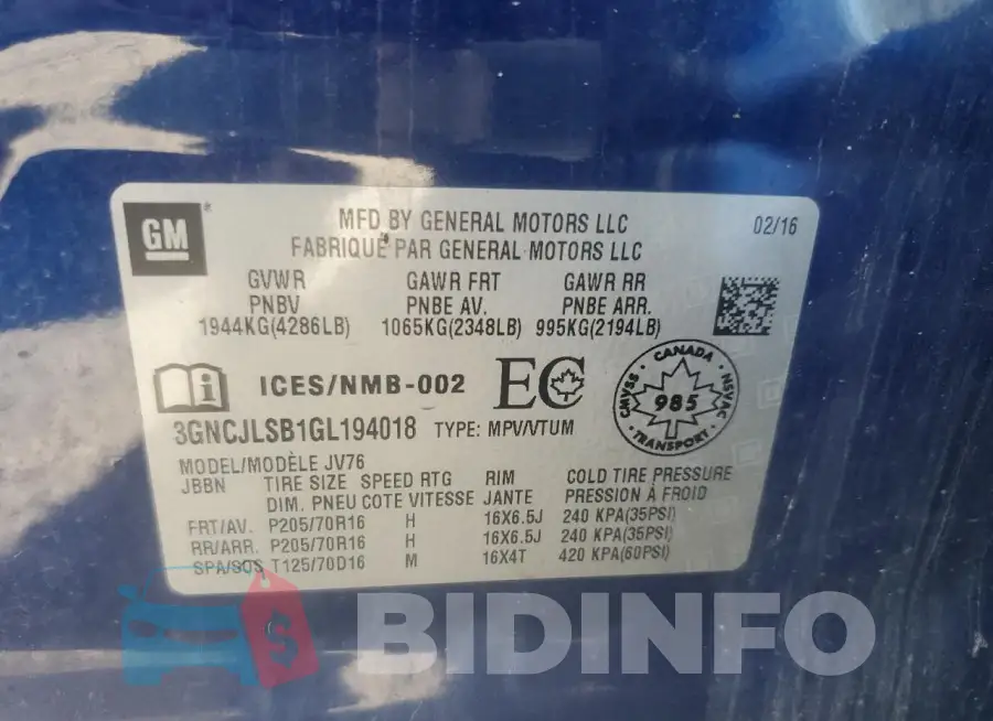 3GNCJLSB1GL194018 Photo# 13
