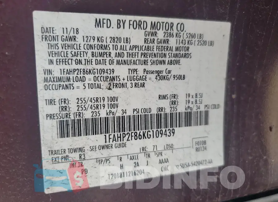 1FAHP2F86KG109439 Photo# 12