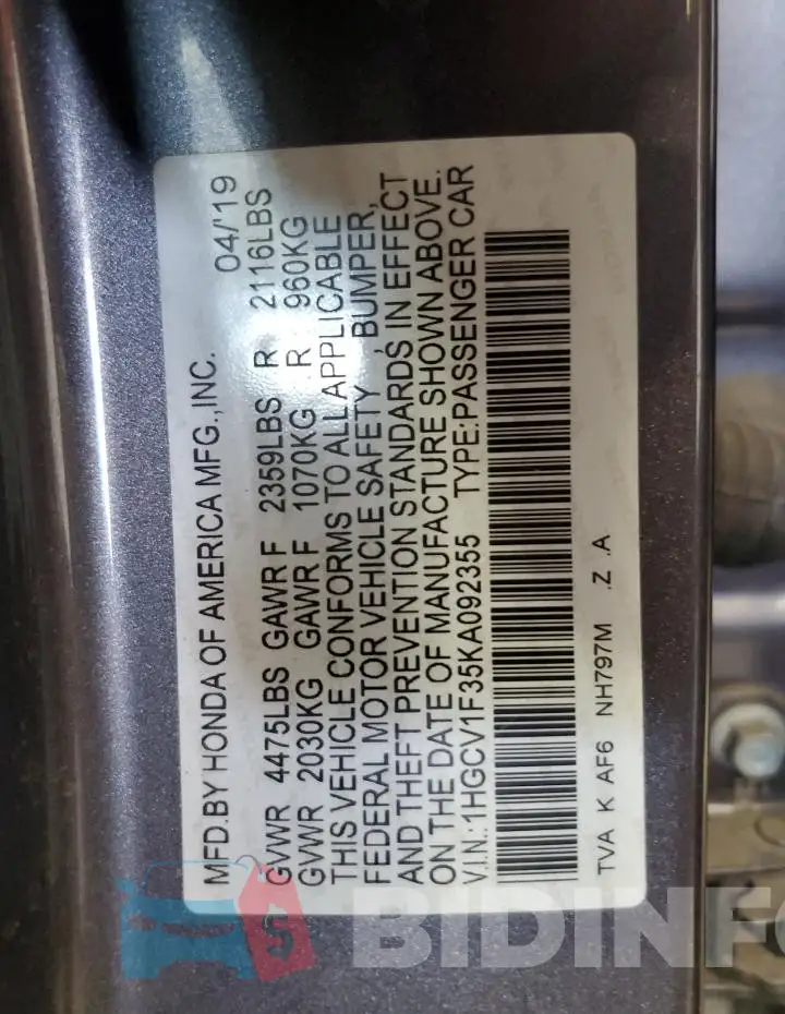 1HGCV1F35KA092355 Photo# 12