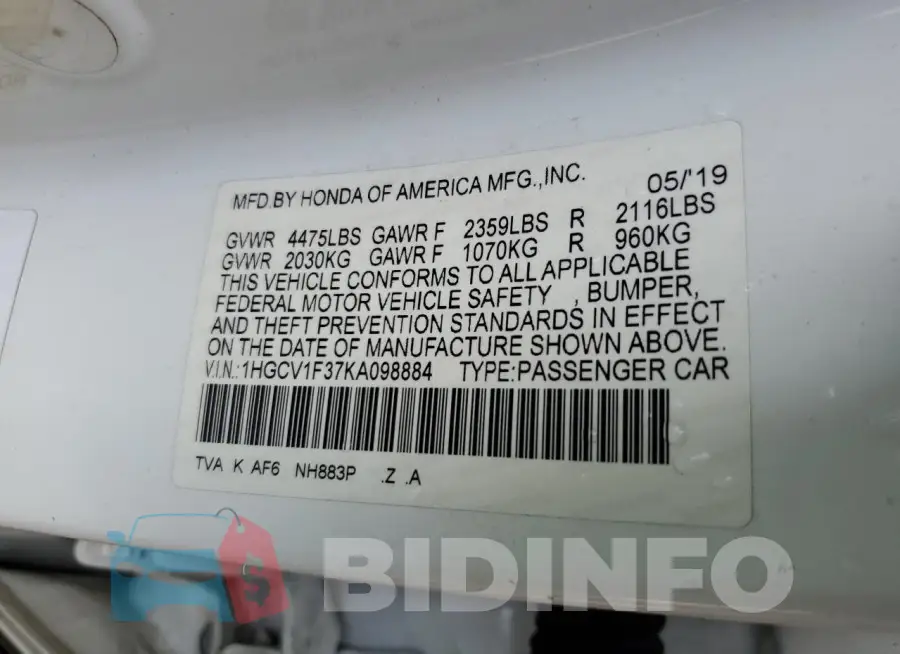 1HGCV1F37KA098884 Photo# 12