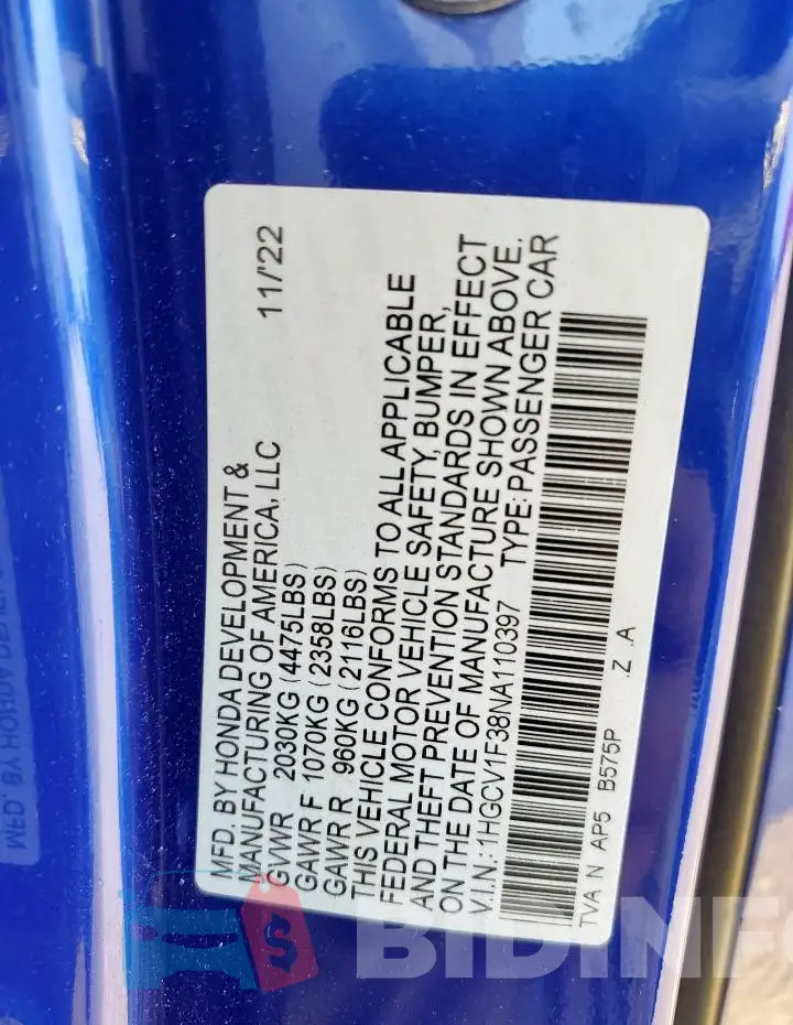 1HGCV1F38NA110397 Photo# 12