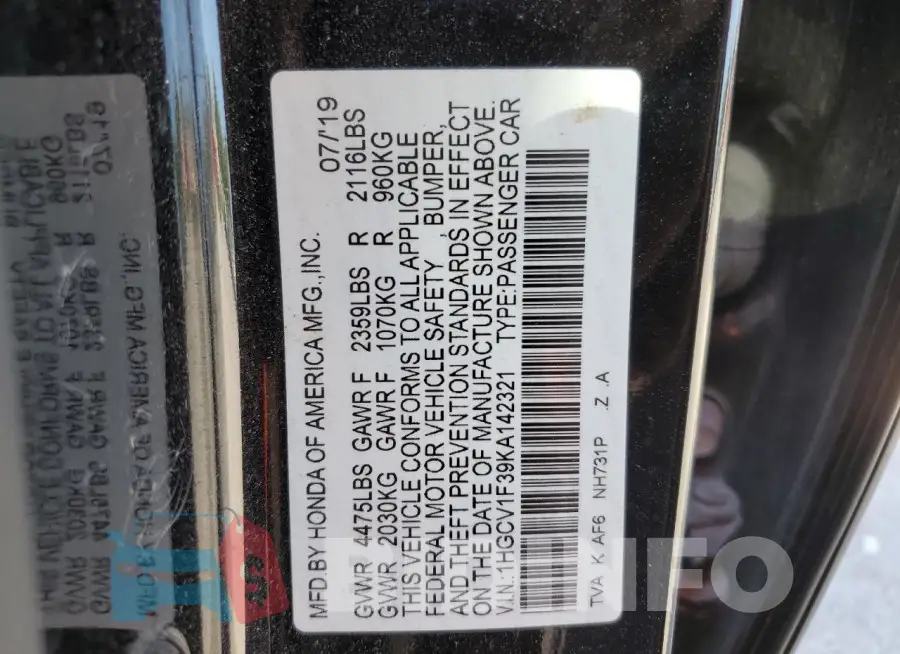 1HGCV1F39KA142321 Photo# 12