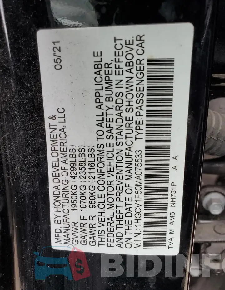 1HGCV1F50MA075533 Photo# 12