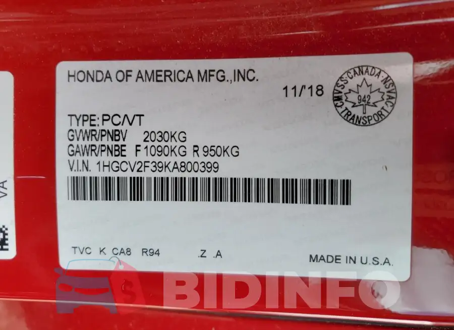 1HGCV2F39KA800399 Photo# 13