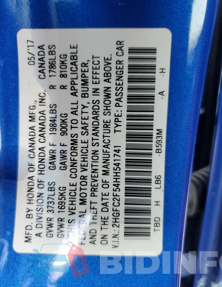 2HGFC2F54HH541741 Photo# 12