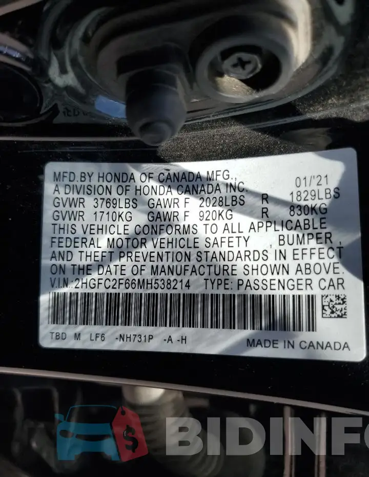 2HGFC2F66MH538214 Photo# 12