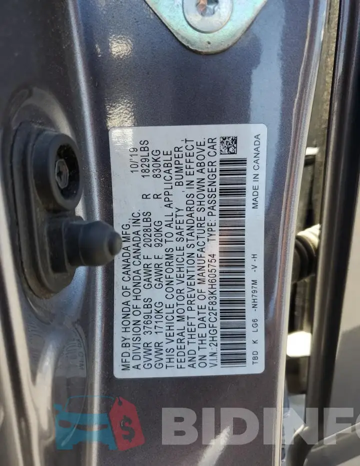 2HGFC2F83KH605754 Photo# 13