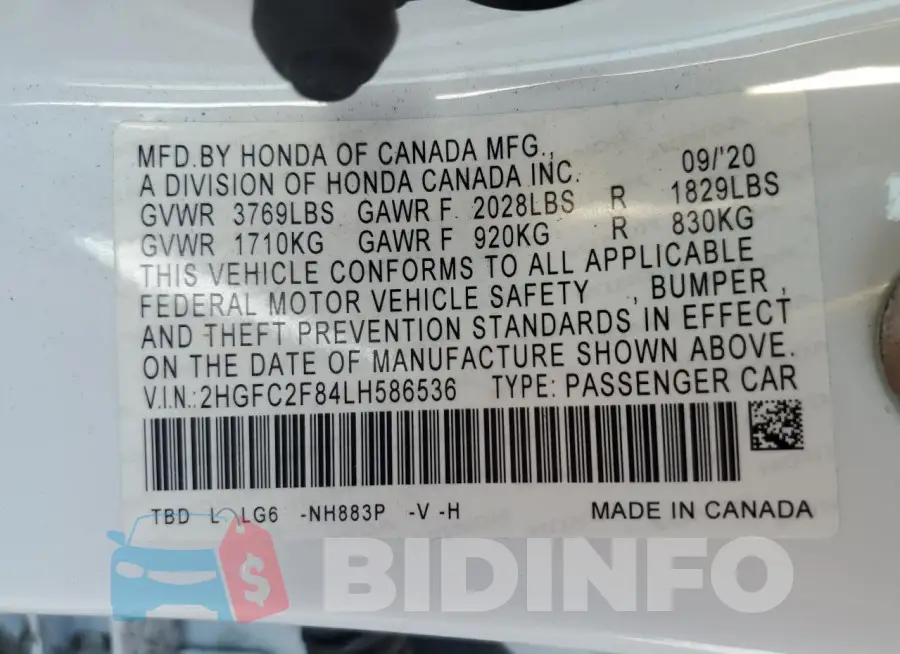 2HGFC2F84LH586536 Photo# 12