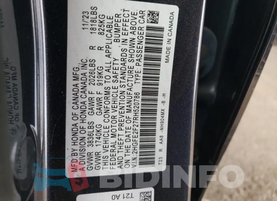 2HGFE2F27RH520786 Photo# 12