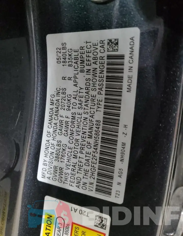 2HGFE2F54NH586488 Photo# 12