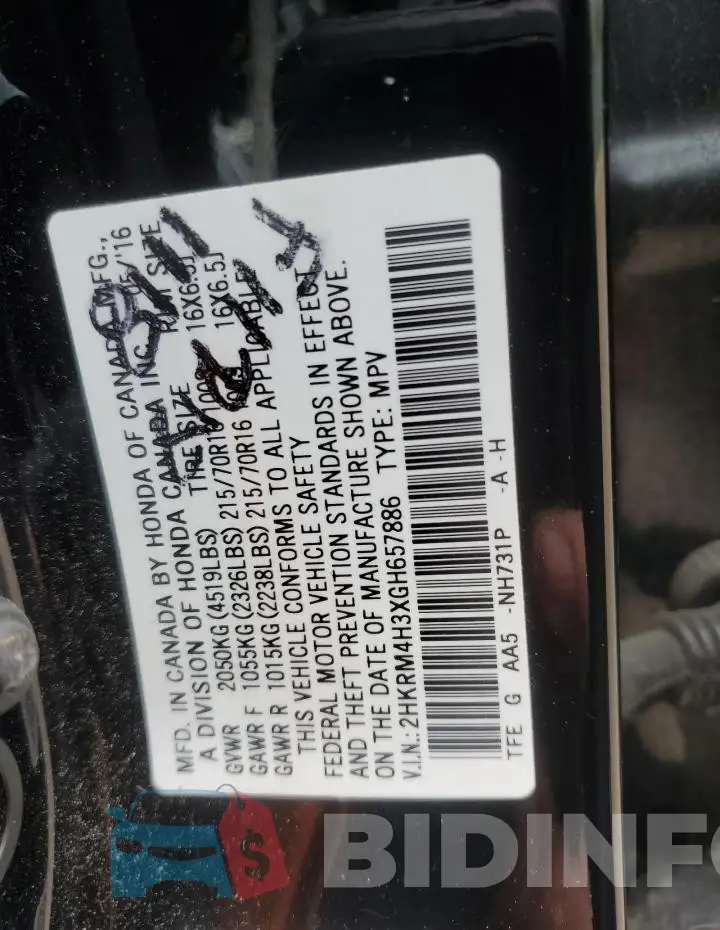 2HKRM4H3XGH657886 Photo# 14