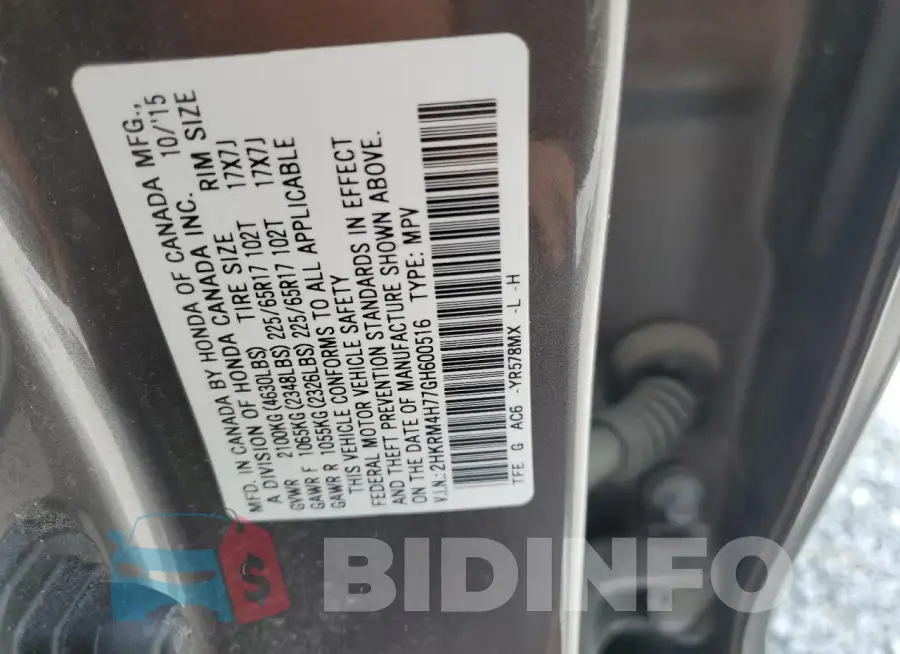 2HKRM4H77GH600516 Photo# 13