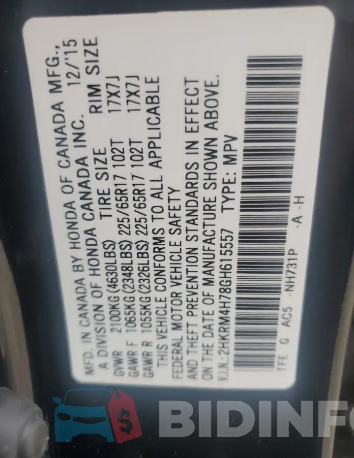 2HKRM4H78GH615557 Photo# 14