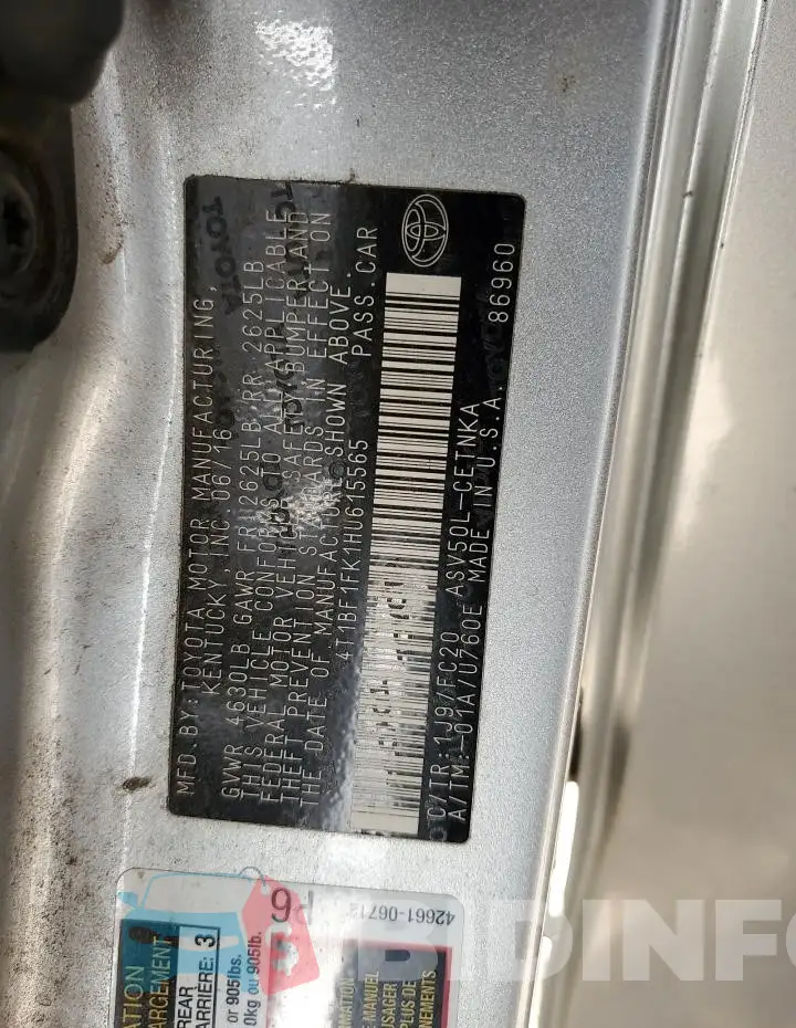 4T1BF1FK1HU615565 Photo# 12